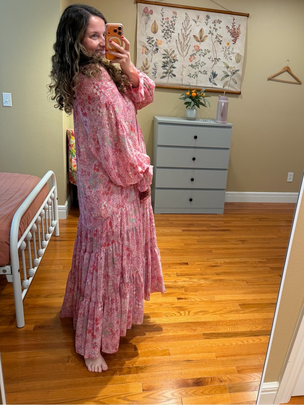 Free People Feelin Groovy Long Sleeve Pink Floral Tiered Maxi Dress Large - Picture 2 of 13